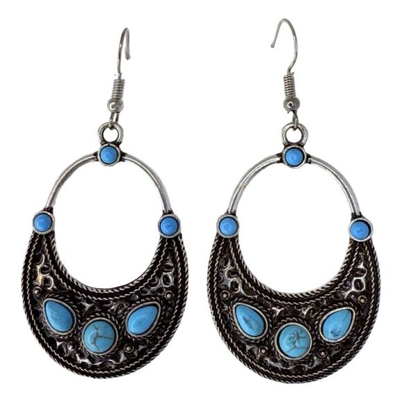 Faux Turquoise Silver Tone Dangle Earrings 2.5" Bohemian Boho Chic Southwestern - Picture 1 of 11